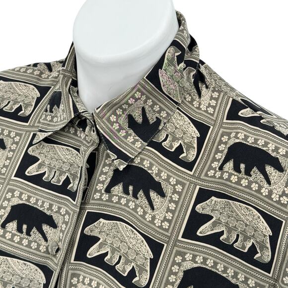 Ishyu VTG Novelty Bear Print Blouse Women's 100% Silk Tops SZ 12 Allover Bold - Picture 4 of 10